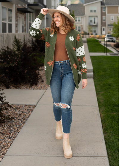 Olive cardigan with white and coral flowers
