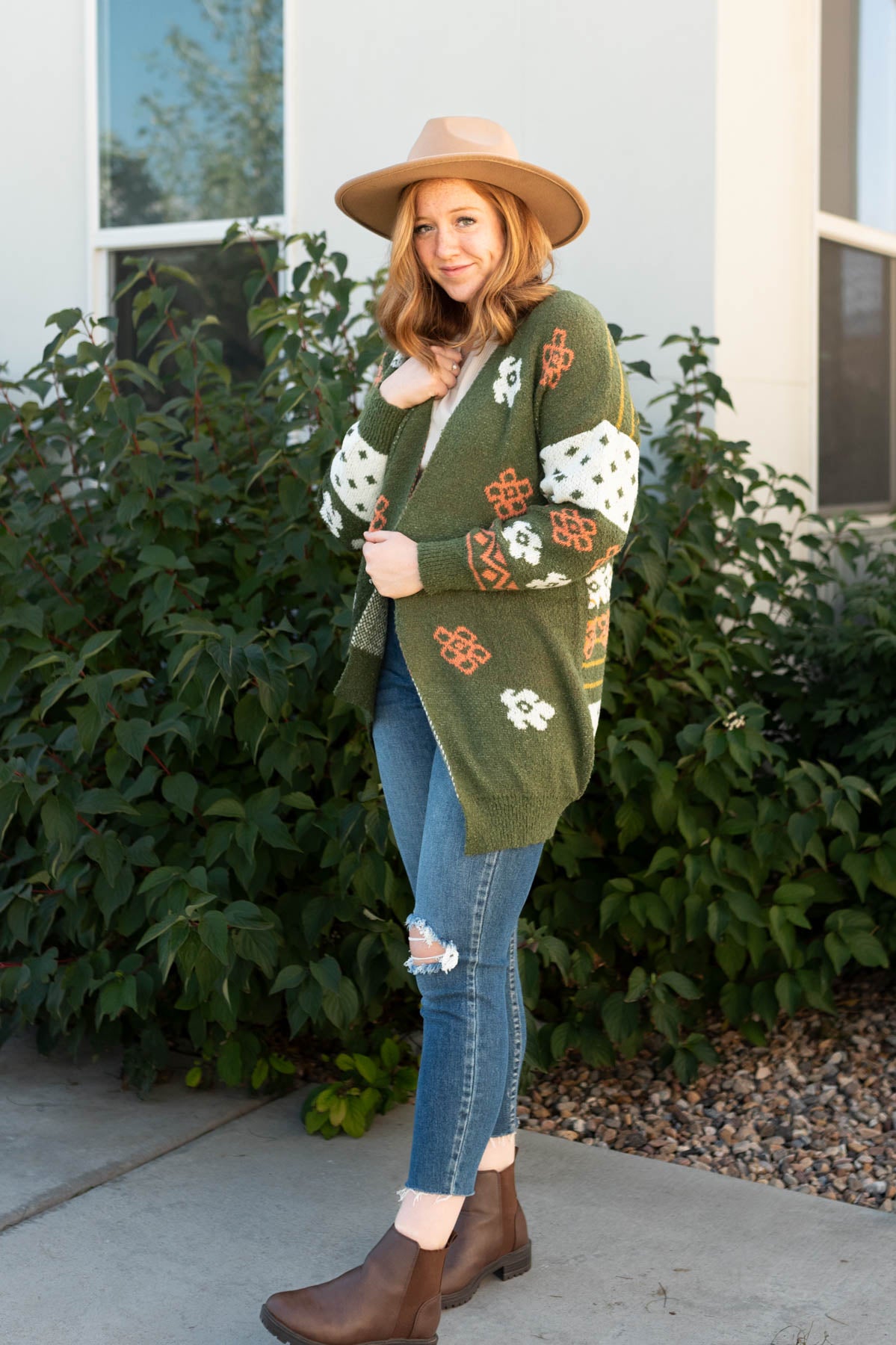 Olive cardigan with orange and white flowers 