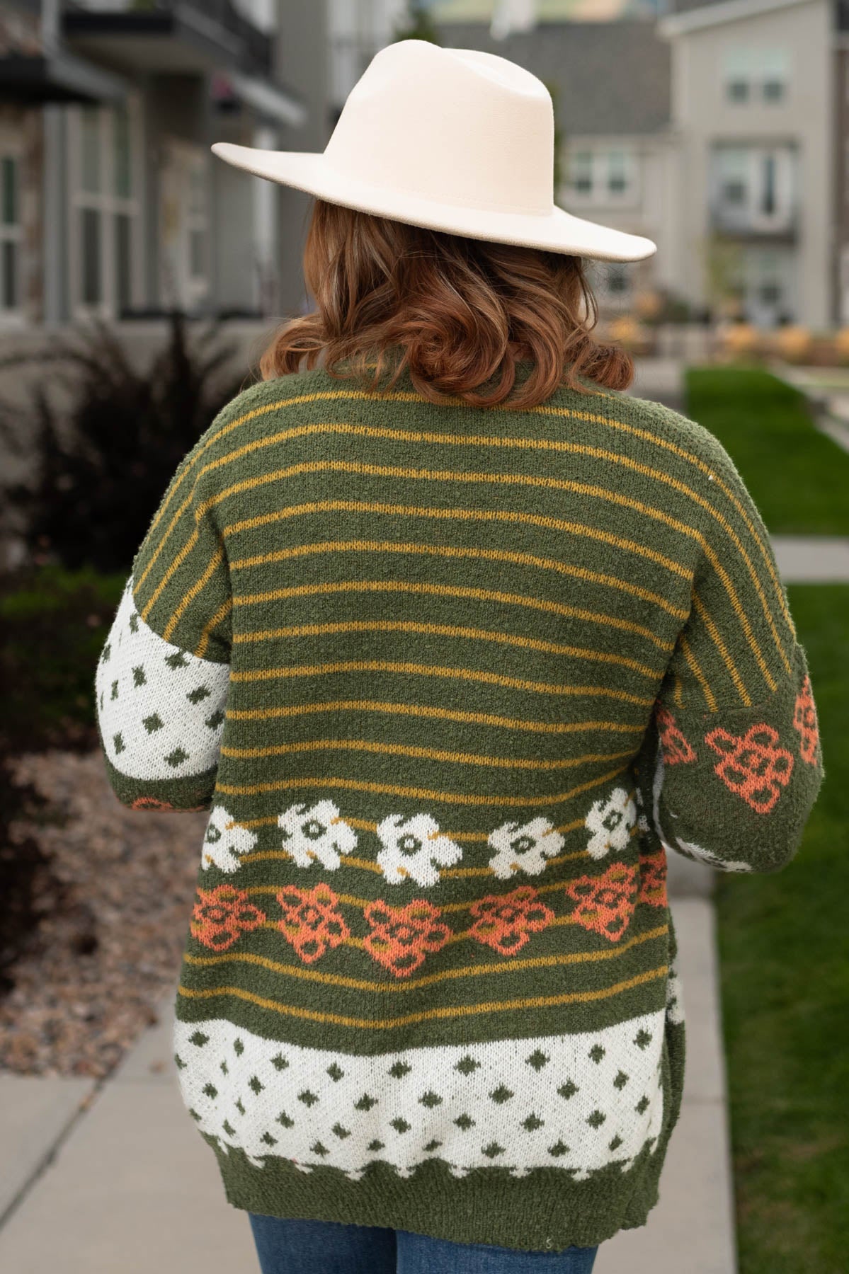 Back view of a olive cardigan