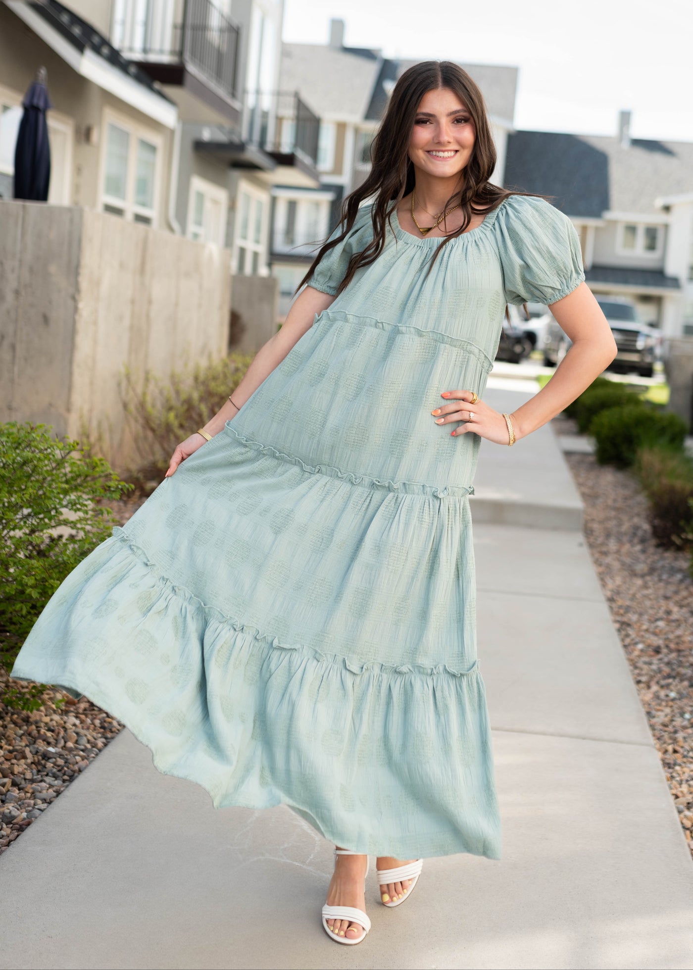 Sage puff sleeve detailed dress with tiered skirt