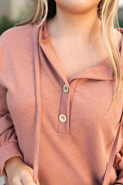 Close up of the neck of the brick hoodie