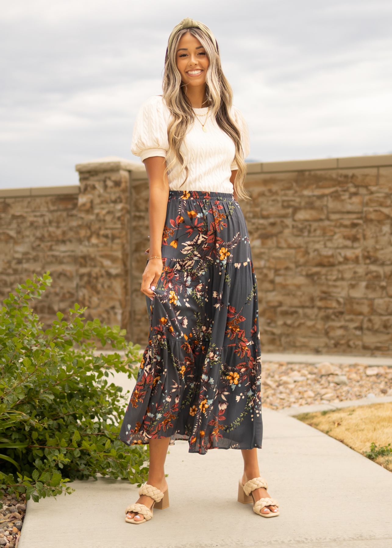 Long teal floral skirt