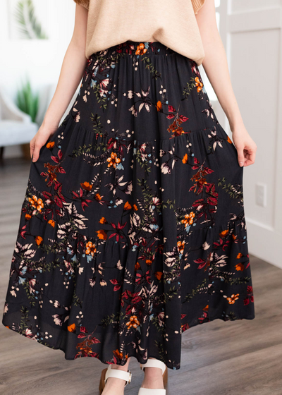 Long dark teal floral skirt