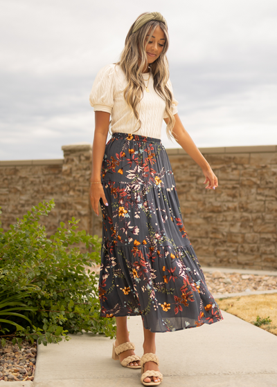 Tiered teal floral skirt