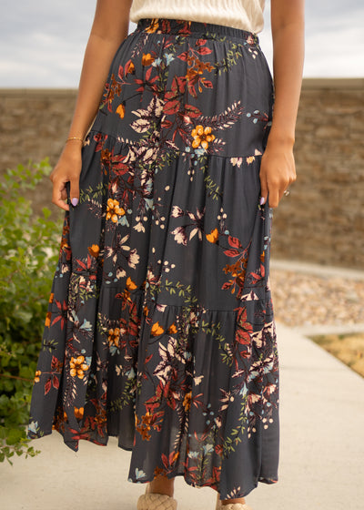 Long teal floral skirt with elastic waist
