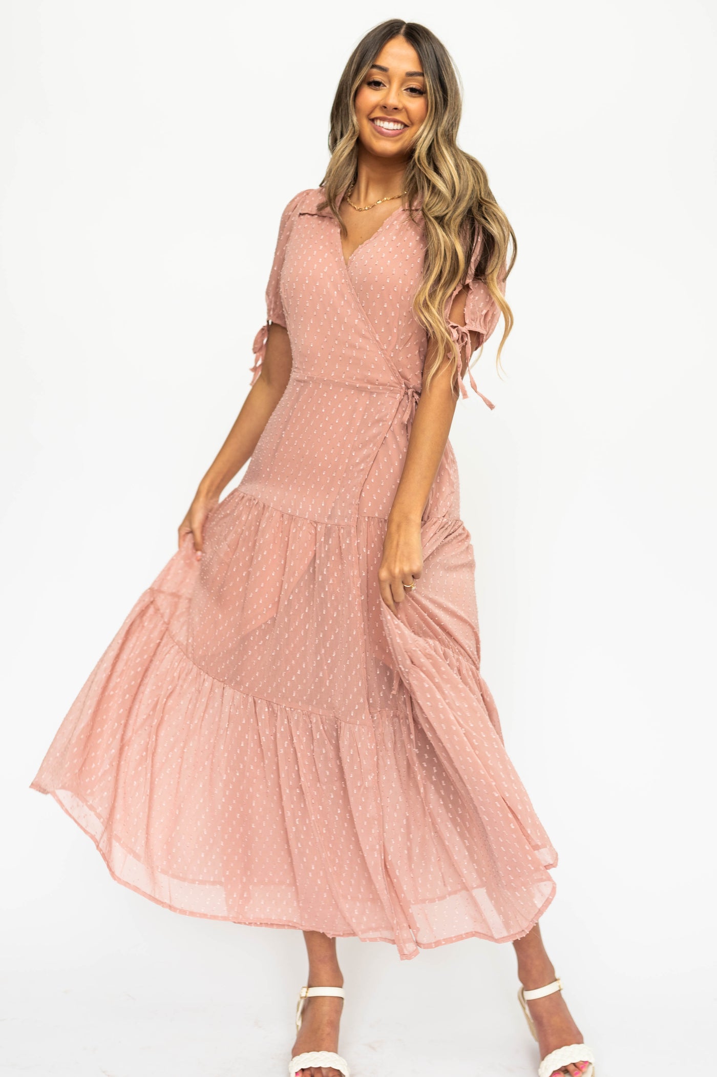 Blush wrap dress with v-neck and short sleeves