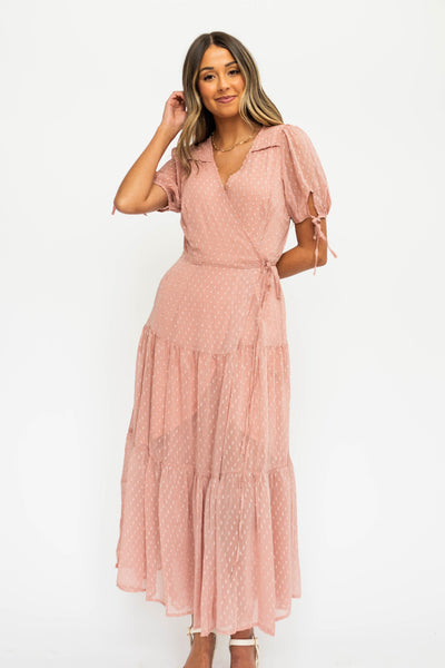 Short sleeve blush wrap dress with tiered skirt