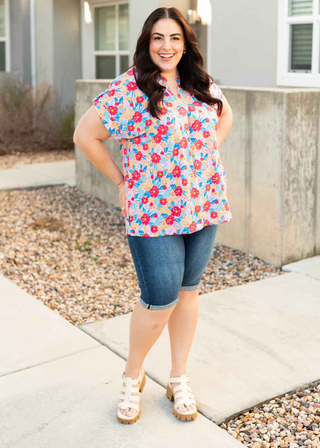 Plus size blush multi floral top with short sleeves