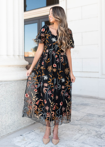 Short sleeve black embroidered dress