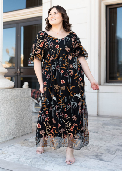Plus size black embroidered dress