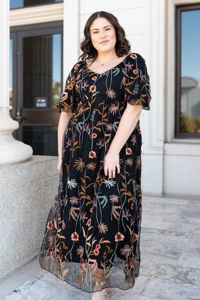 Plus size v-neck black embroidered dress