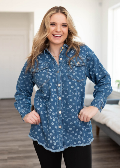 Long sleeve denim blue button down with floral print