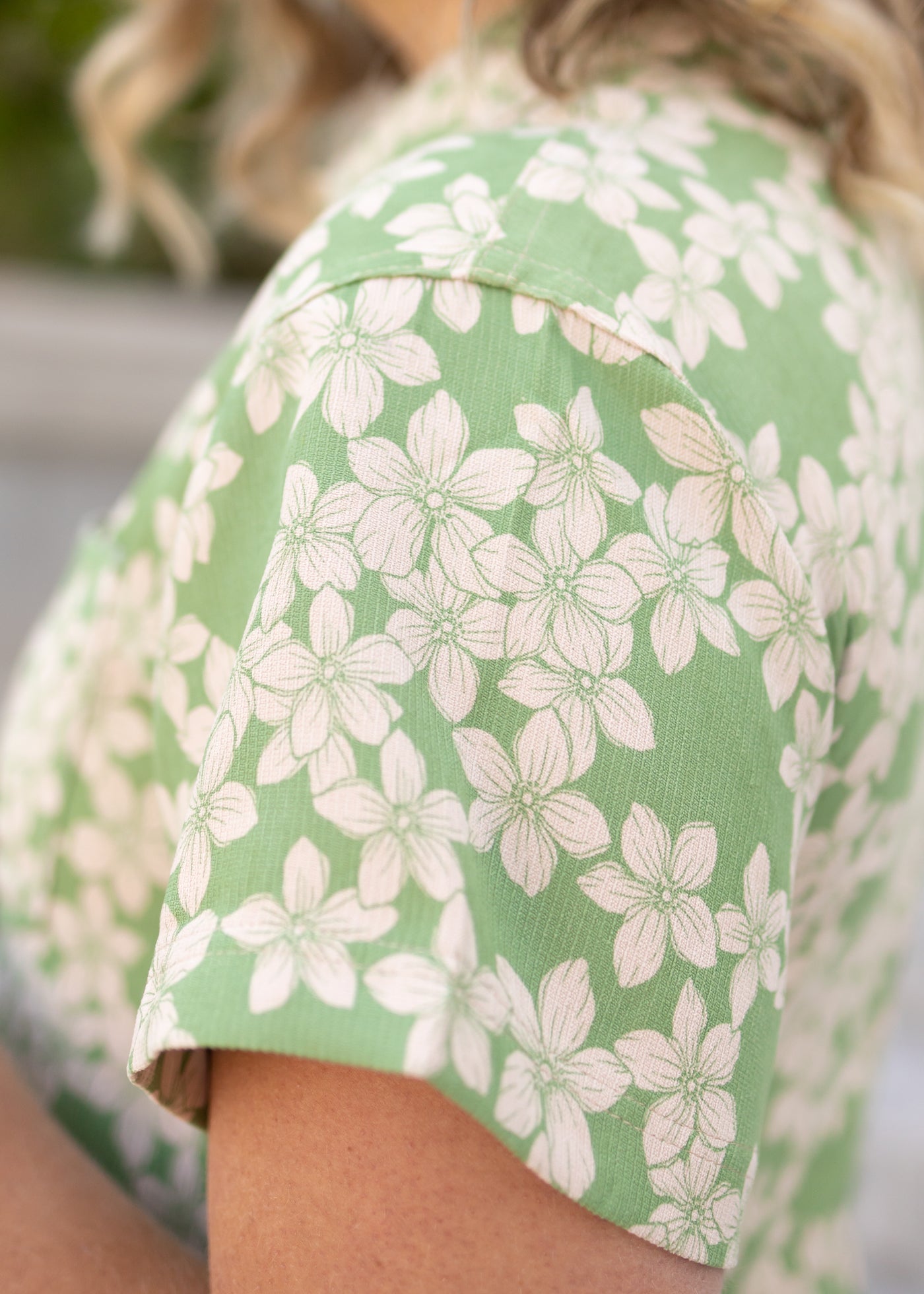 Short sleeve green floral dress with cream flowers