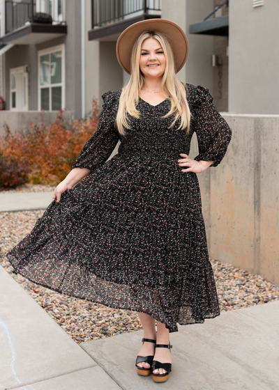 Long sleeve plus size black floral dress
