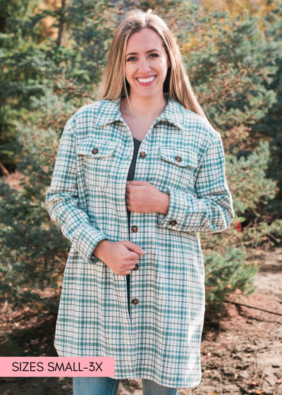 Long green plaid coat 