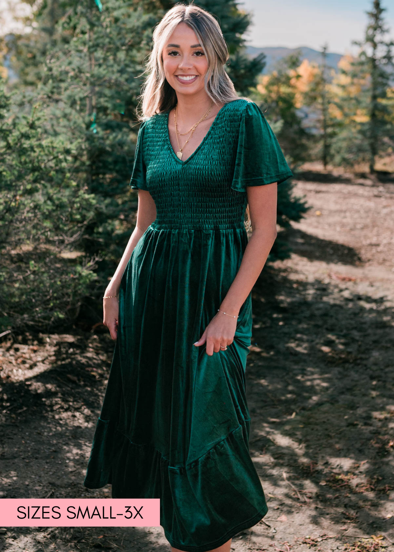 Short sleeve v-neck evergreen velvet maxi dress