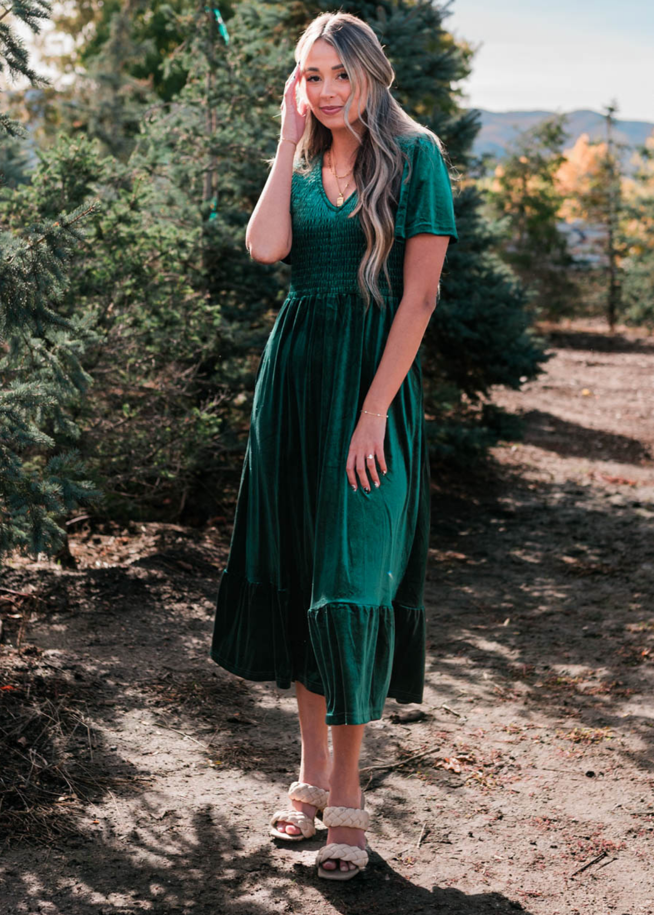 Short sleeve evergreen velvet maxi dress