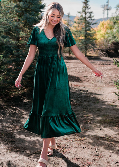 Evergreen velvet maxi dress