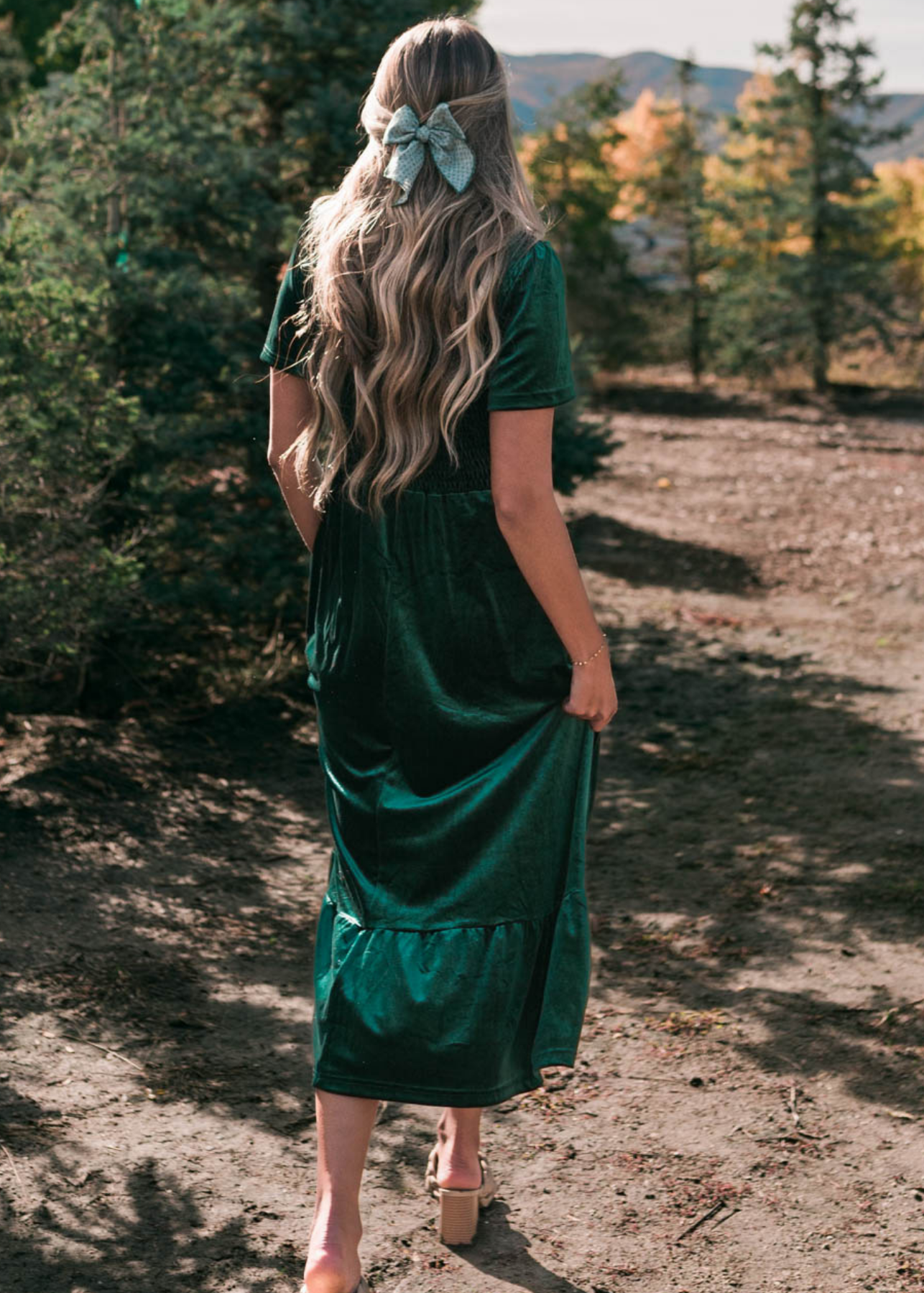 Back view of the evergreen velvet maxi dress