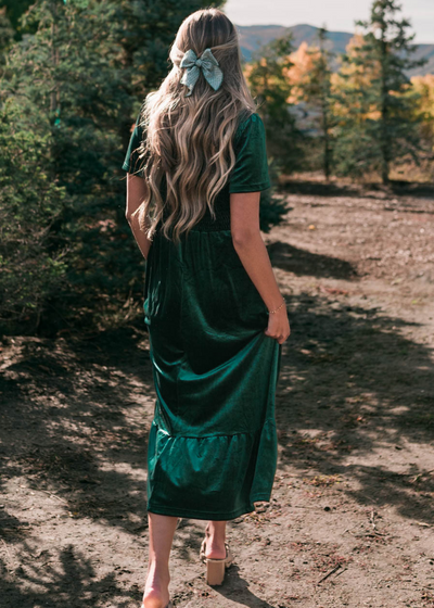 Back view of the evergreen velvet maxi dress
