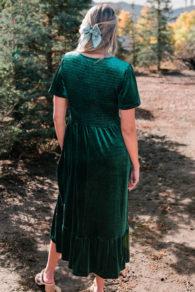 Back view of the short sleeve evergreen velvet maxi dress