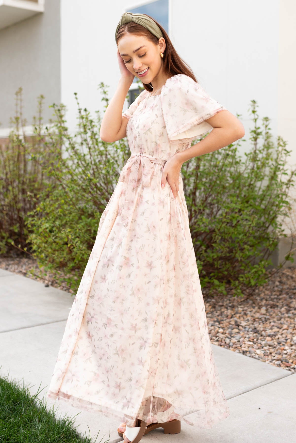 Side view of the ivory floral dress