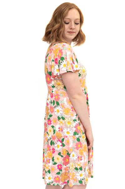 Side view of a medium pink floral dress