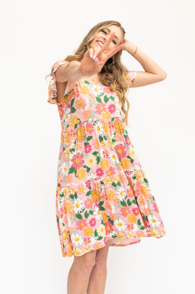 Short sleeve pink floral dress with tiered skirt