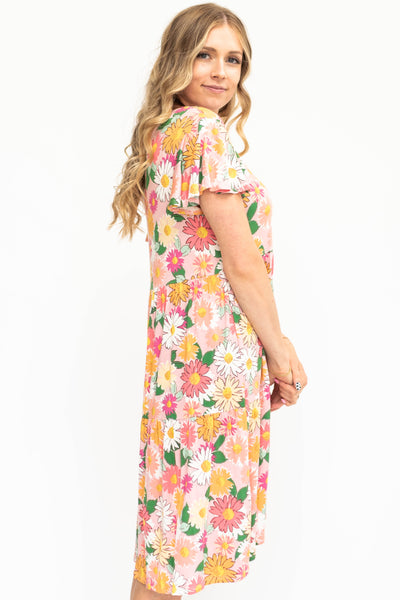 Side view of a pink floral dress