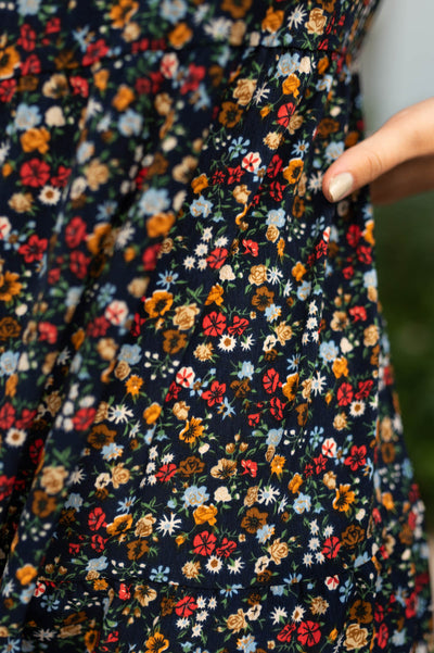 Floral print on a navy floral dress