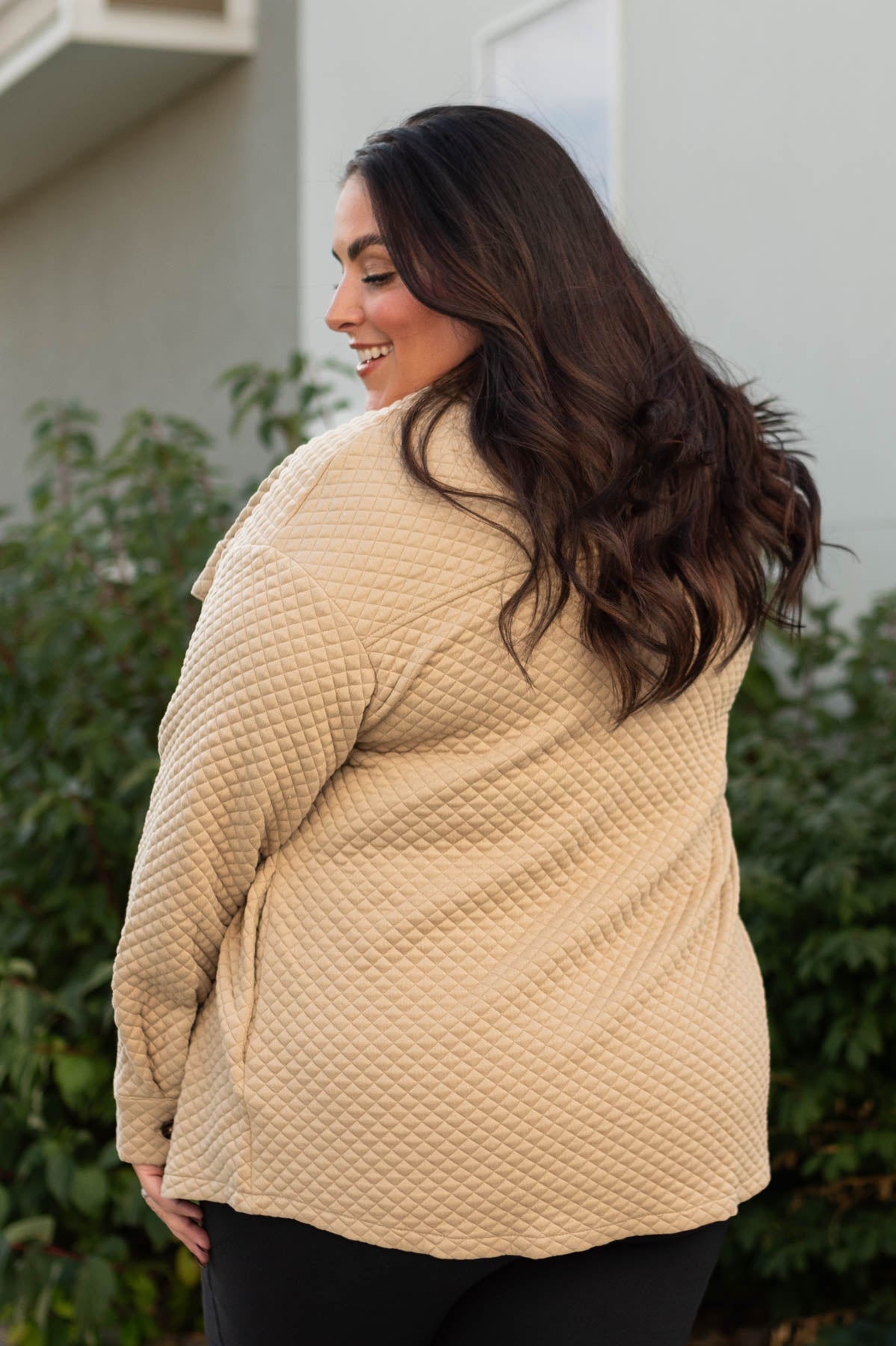 Back view of a plus size khaki retro shacket