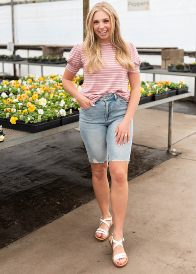 Short sleeve mauve knit top with ivory stripes