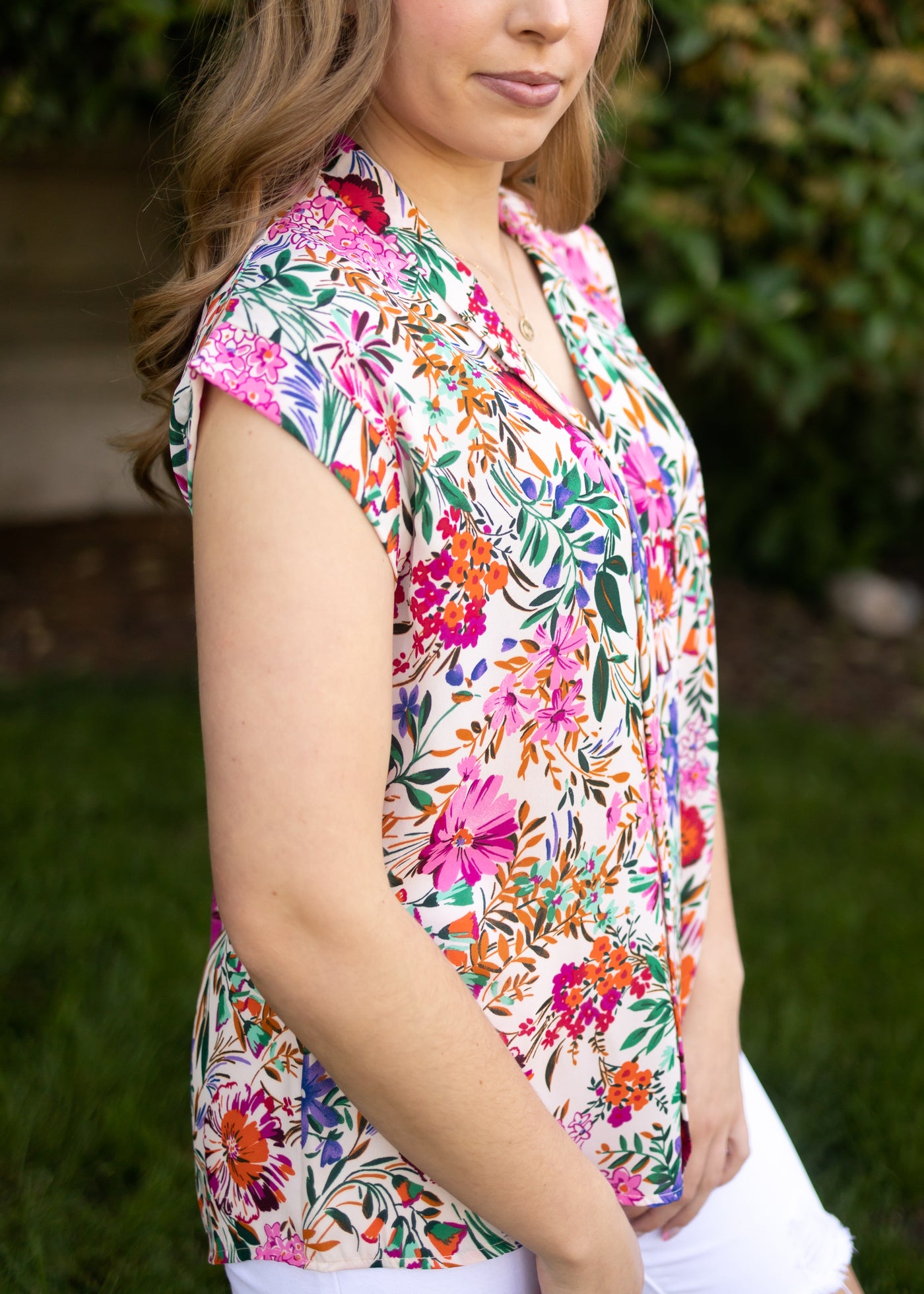 Side view of a floral top