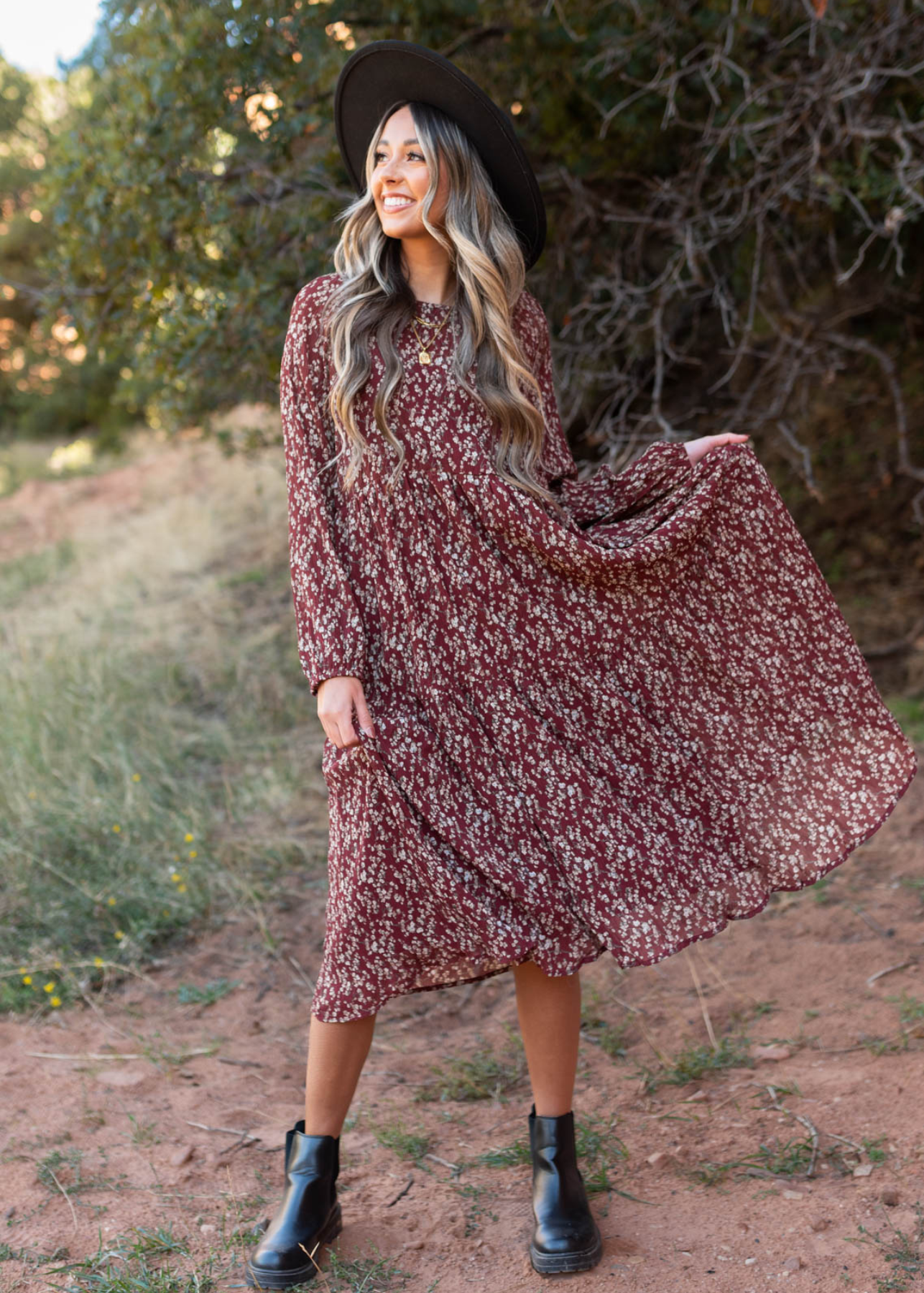 Burgundy floral dress with long sleeves