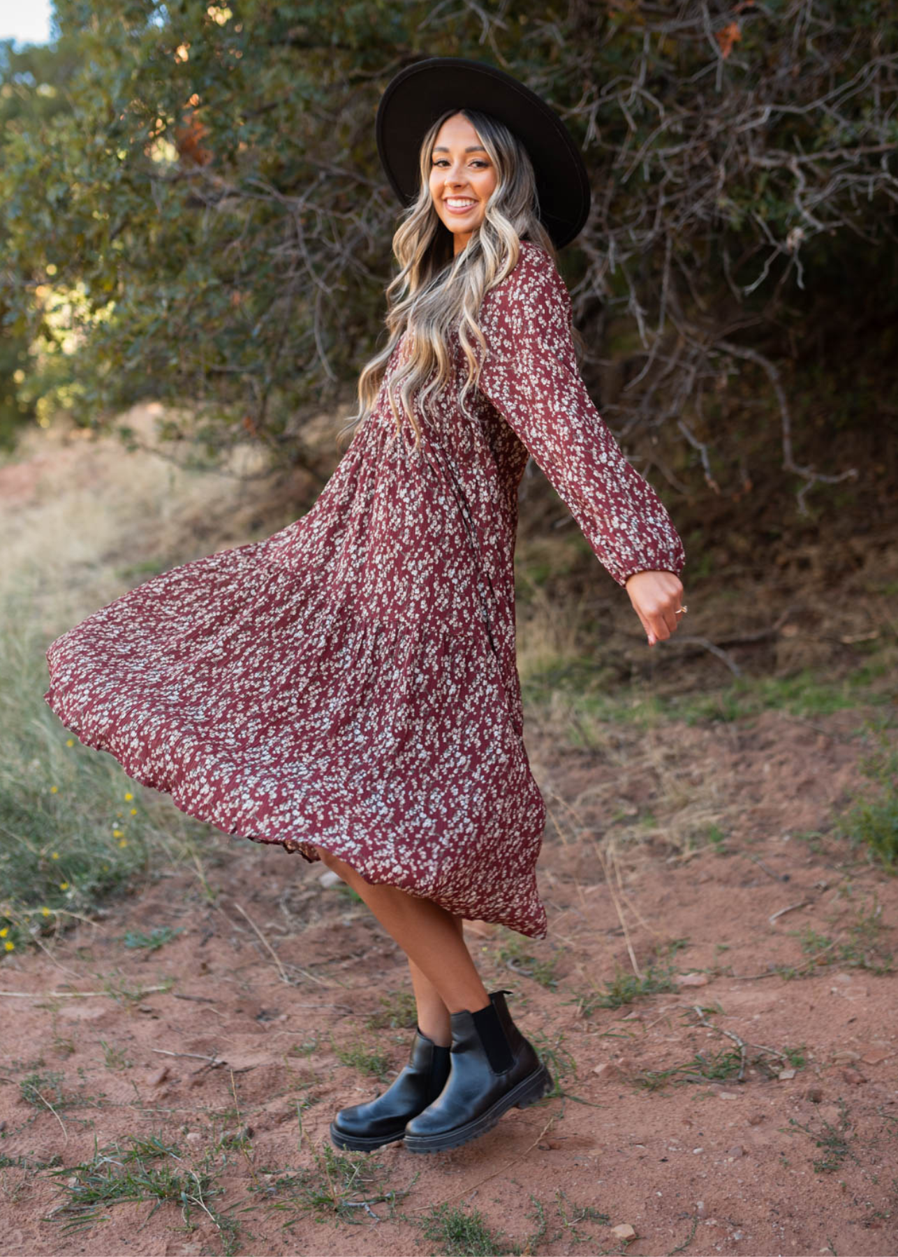 Burgundy floral dress with long sleeves