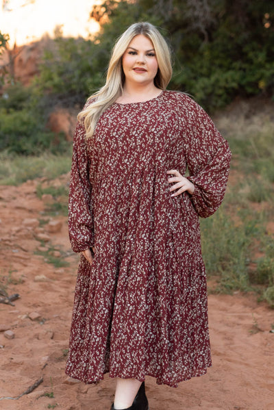Plus size burgundy floral dress with full skirt