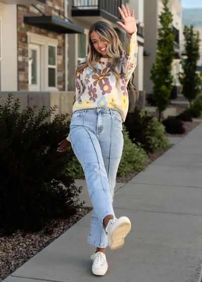 Cream sweater with light denim patchwork pattern that are sold separately