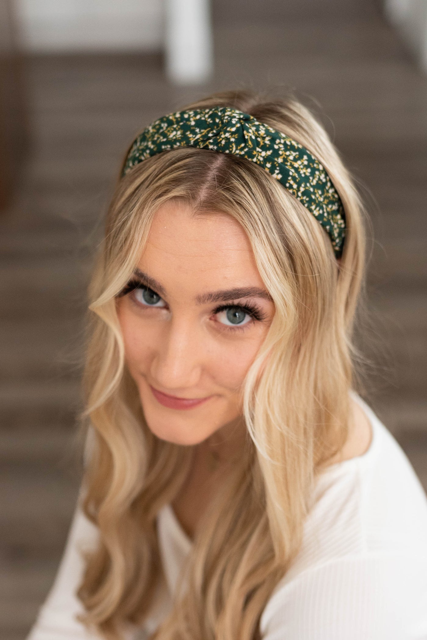 View of the dark green floral headband