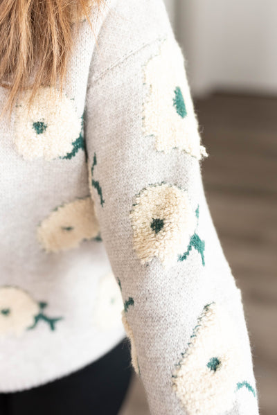 Close up of the flowers on the grey floral sweater