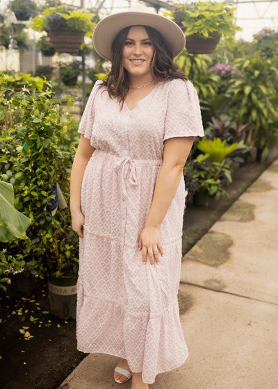 !x dusty pink dress with short sleeve that buttons up