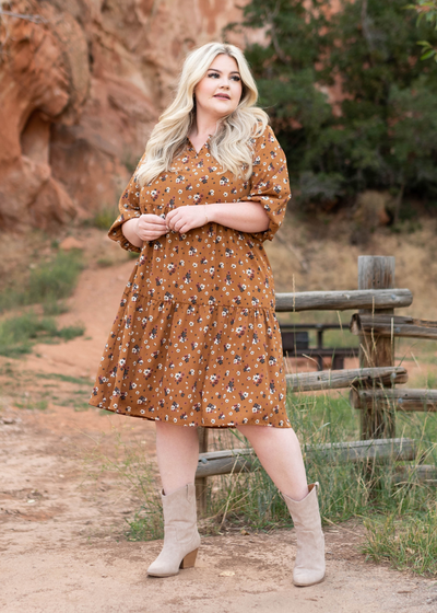 Plus size camel dress with three quarter sleeves
