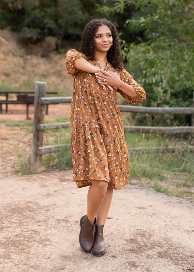 Knee length camel dress with tiered skirt