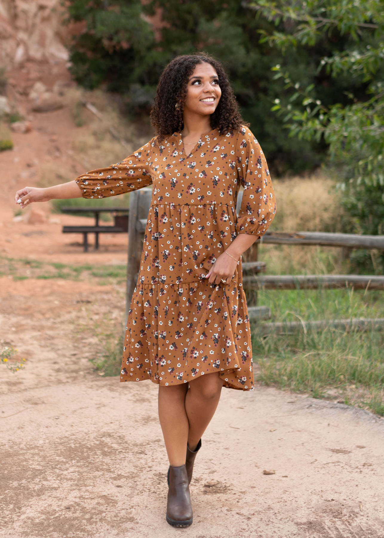 Camel dress with three quarter sleeves