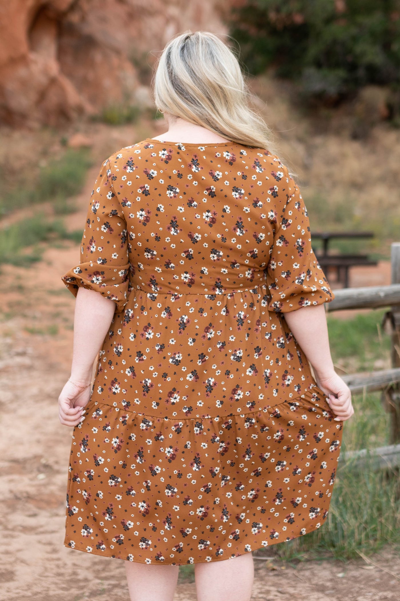 Back view of the plus size camel dress