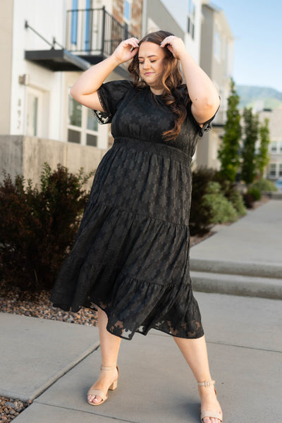 Plus size black floral dress with elastic band at the waist