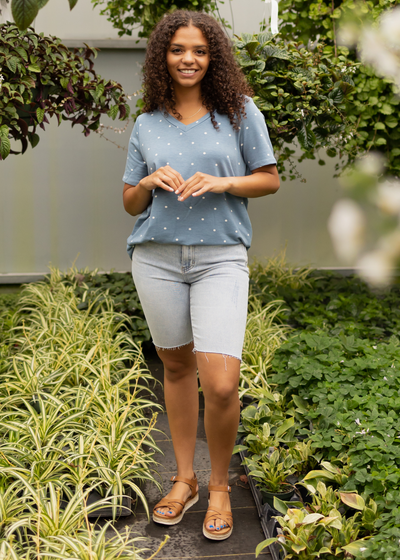 Chambray top with white dots