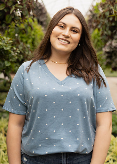 Short sleeve plus size Chambray v-neck top