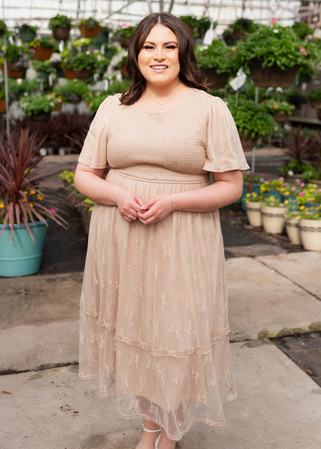 Quinn Beige Smocked Lace Dress