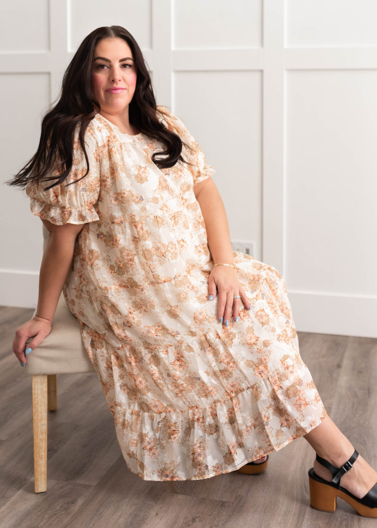 Plus size peach floral tiered dress with chiffon fabric