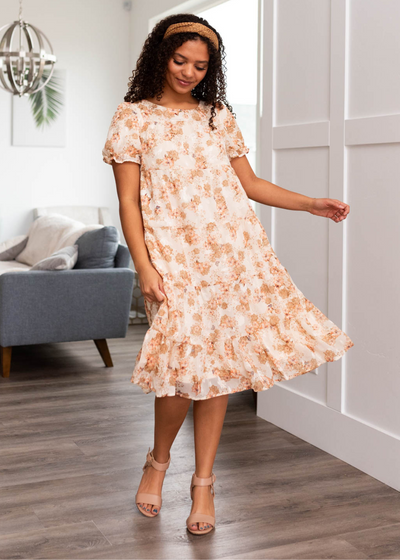 Peach floral tiered dress with short sleeves